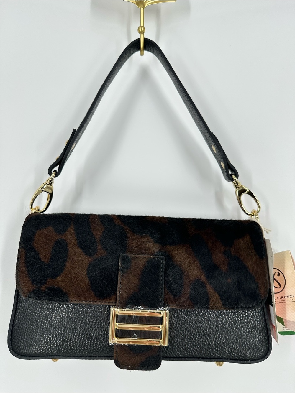 DIVINA FIRENZE Italian Leather Leopard Print Baguette Shoulder Bag Calf Hair NWT - Picture 2 of 15